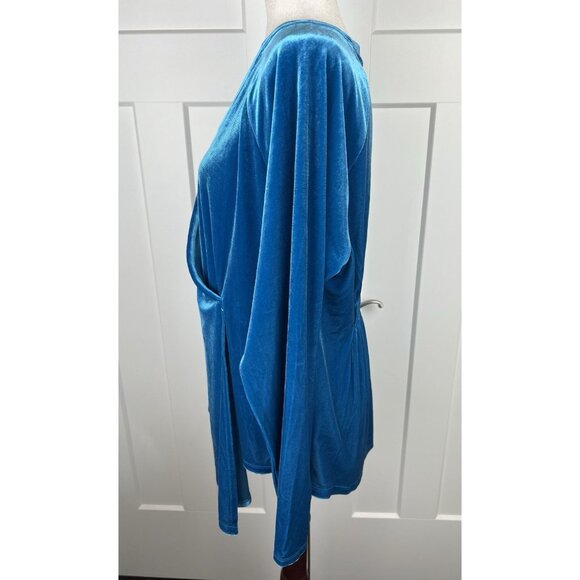 Jewel Tone Teal Blue Velour Faux Wrap Top Long Sleeve Soft Drape Party Date - Picture 3 of 10